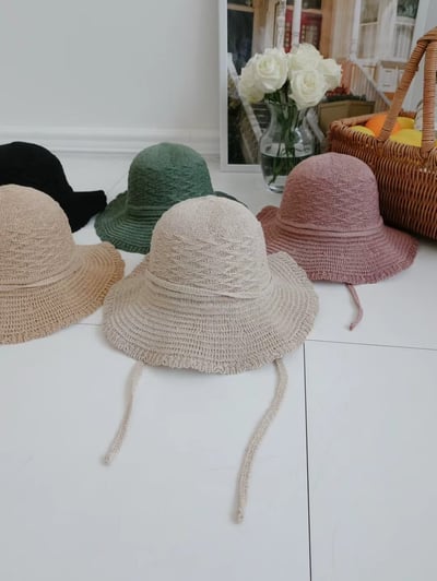 韓國 UNI 初夏素色編織綁繩圓形漁夫帽6