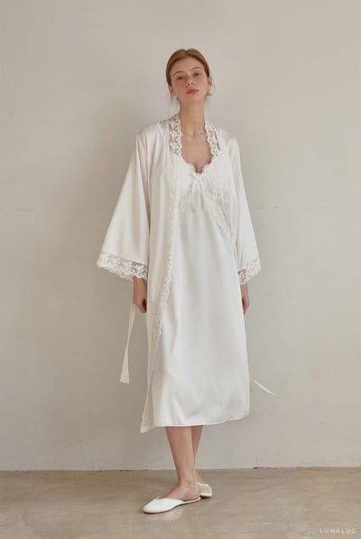 韓國 LUNA 法式清透絲柔蕾絲長裙洋裝外套兩件式睡衣6