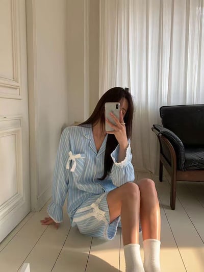 韓國 LUNA 法式直紋蝴蝶結蕾絲短褲睡衣套裝1