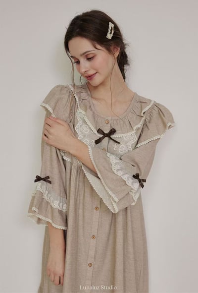 韓國 LUNA 歐式貴族典雅荷葉長裙洋裝睡衣2