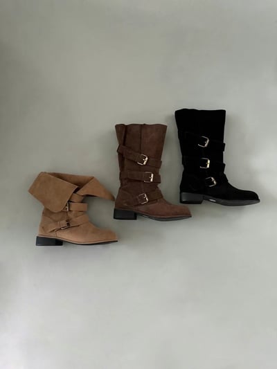 韓國PLA麂皮美拉德抓皺低跟中筒靴2