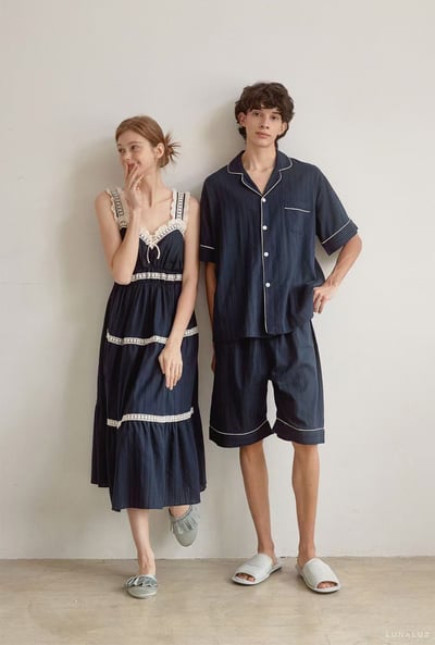 韓國 LUNA 法式花邊蛋糕長裙短褲情侶睡衣4