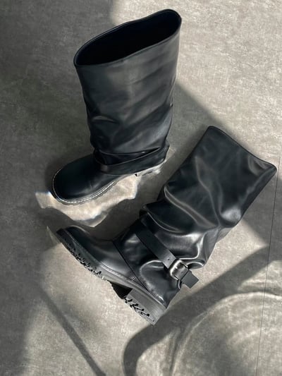 韓國PLA率性直筒抓皺低跟褲靴2