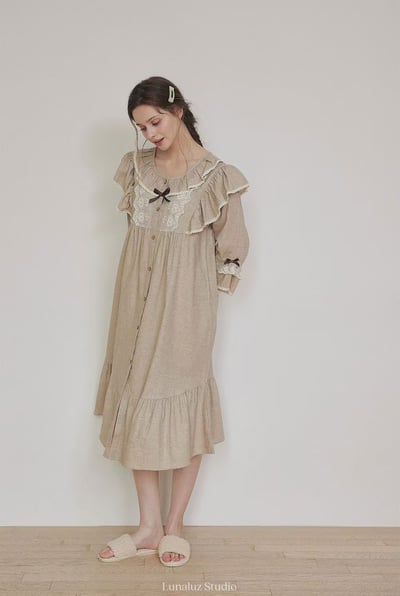 韓國 LUNA 歐式貴族典雅荷葉長裙洋裝睡衣5