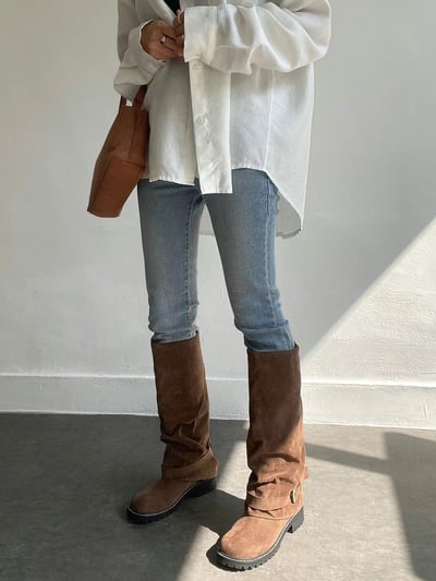 韓國PLA率性直筒抓皺低跟褲靴4