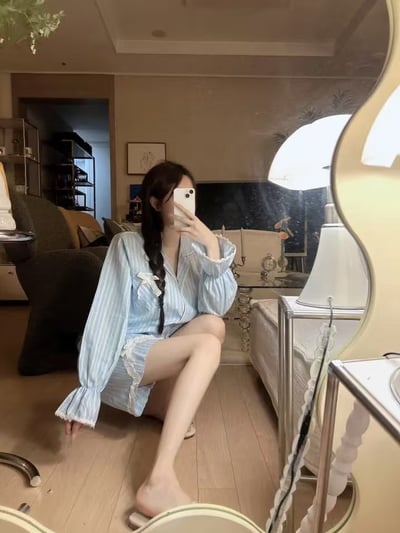 韓國 LUNA 法式直紋蝴蝶結蕾絲短褲睡衣套裝9