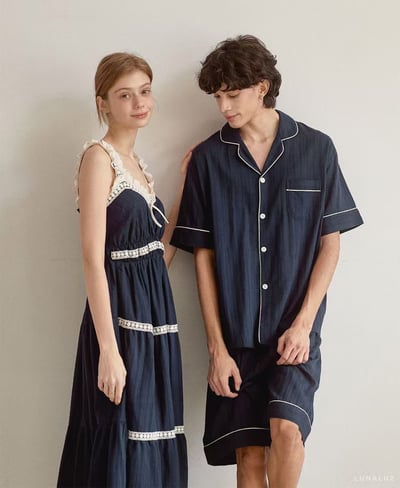 韓國 LUNA 法式花邊蛋糕長裙短褲情侶睡衣8