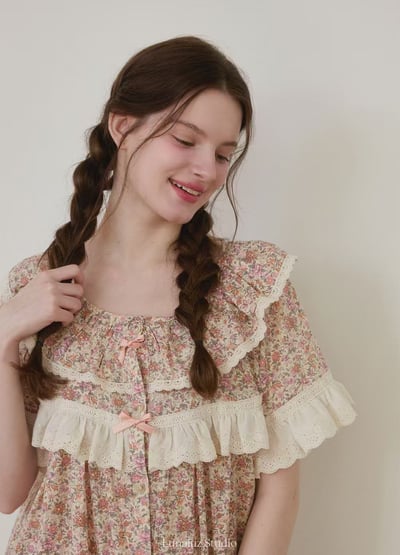 韓國 LUNA 法式鄉村碎花蛋糕長裙睡衣2