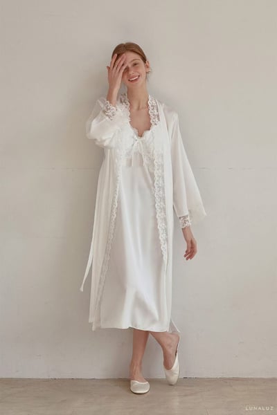 韓國 LUNA 法式清透絲柔蕾絲長裙洋裝外套兩件式睡衣7