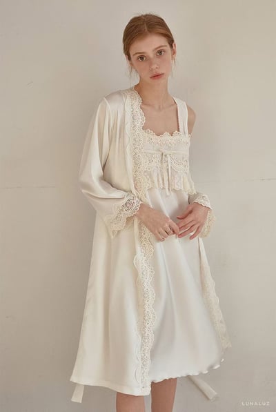 韓國 LUNA 法式蕾絲蝴蝶結兩件式外套長裙洋裝睡衣3