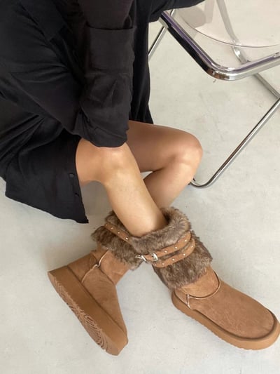 韓國PLA愛斯基摩皮帶外翻絨毛長筒雪靴7