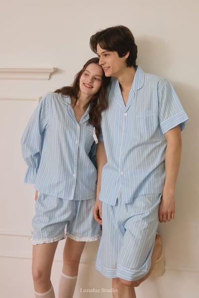 韓國 LUNA 法式直紋蝴蝶結蕾絲短褲男女情侶睡衣套裝2