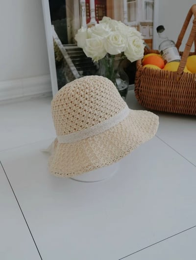 韓國 UNI 初夏編織簍空蝴蝶結圓形帽草帽漁夫帽5