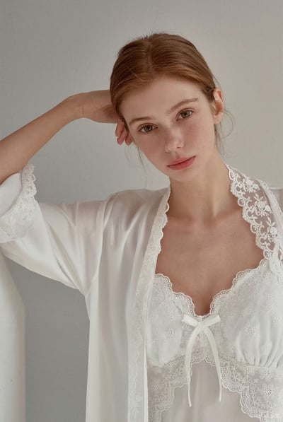 韓國 LUNA 法式清透絲柔蕾絲長裙洋裝外套兩件式睡衣1