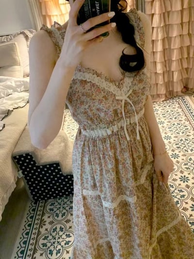 韓國 LUNA 法式復刻浪漫碎花長裙洋裝睡衣4