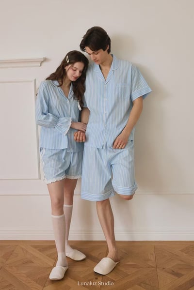 韓國 LUNA 法式直紋蝴蝶結蕾絲短褲男女情侶睡衣套裝10