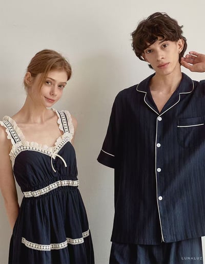 韓國 LUNA 法式花邊蛋糕長裙短褲情侶睡衣3