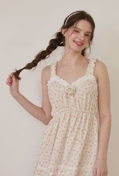 韓國 LUNA 法式玫瑰碎花短袖蛋糕裙洋裝睡衣5