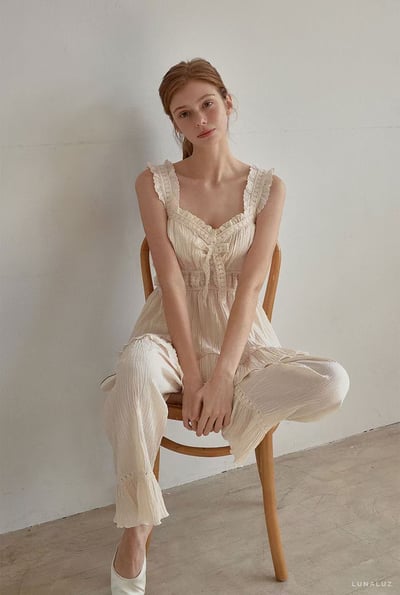 韓國 LUNA 法式清透絲沙兩件式長褲套裝睡衣3