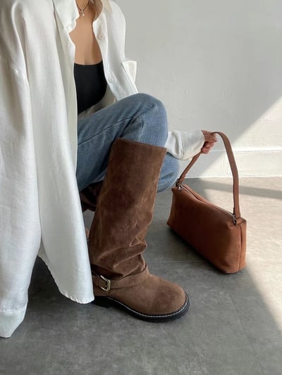 韓國PLA率性直筒抓皺低跟褲靴3