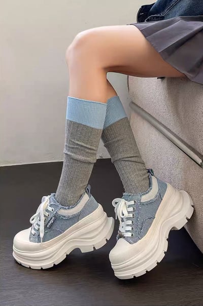 韓國 AL 六公分弧刀牛仔單寧厚底板鞋 (男女)13