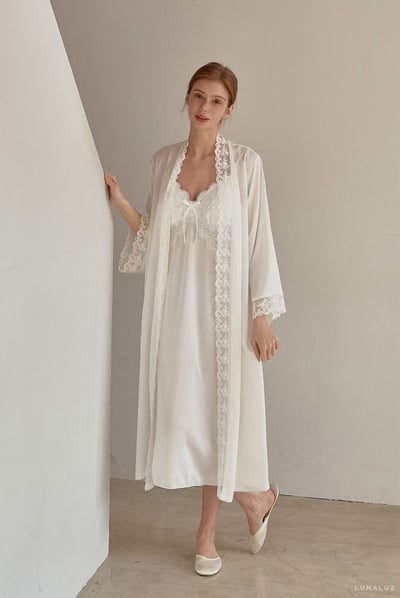 韓國 LUNA 法式清透絲柔蕾絲長裙洋裝外套兩件式睡衣4
