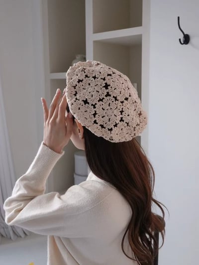 韓國UNI歐式蕾絲鏤空繡花平頂帽5