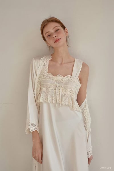 韓國 LUNA 法式蕾絲蝴蝶結兩件式外套長裙洋裝睡衣6