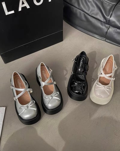 韓國 AL 夢幻蝴蝶結粗跟娃娃鞋2