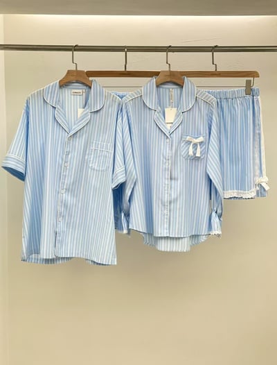 韓國 LUNA 法式直紋蝴蝶結蕾絲短褲睡衣套裝14