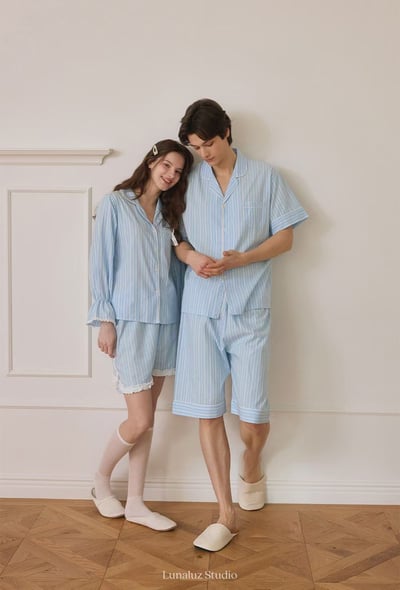 韓國 LUNA 法式直紋蝴蝶結蕾絲短褲男女情侶睡衣套裝9