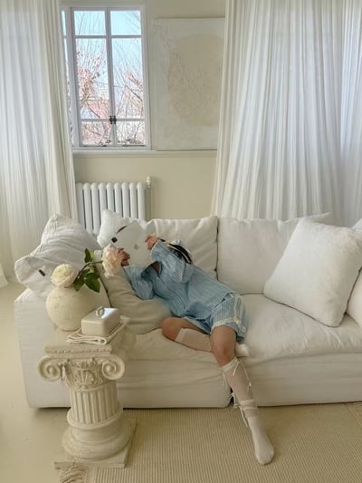 韓國 LUNA 法式直紋蝴蝶結蕾絲短褲睡衣套裝2