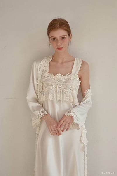 韓國 LUNA 法式蕾絲蝴蝶結兩件式外套長裙洋裝睡衣2