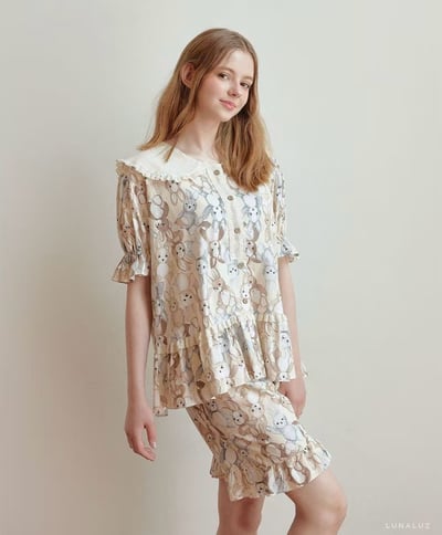 韓國 LUNA 童趣兔寶荷葉短褲套裝睡衣(女)2