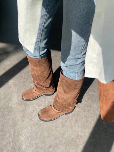 韓國PLA率性直筒抓皺低跟褲靴6