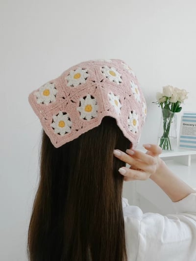 韓國UNI繽紛初春小花手繡綁繩頭巾5