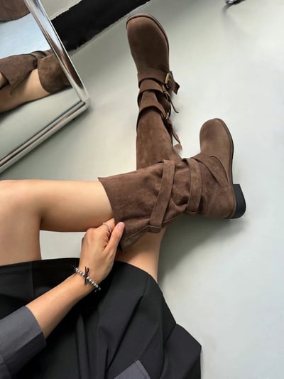 韓國PLA麂皮美拉德抓皺低跟中筒靴8