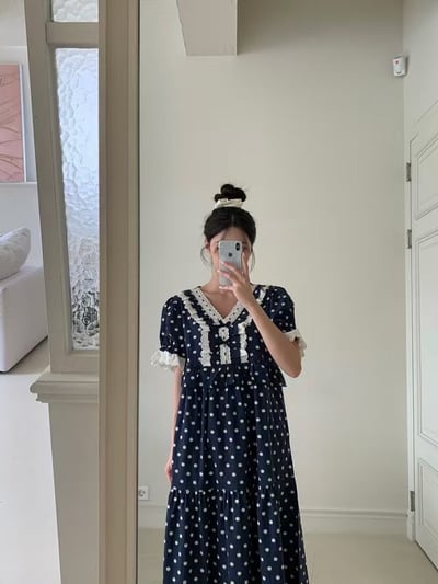 韓國 LUNA 法式浪漫碎花蕾絲長裙套裝睡衣6