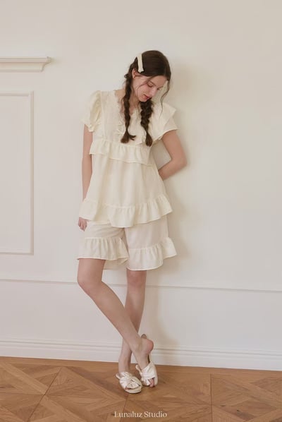 韓國 LUNA 法式浪漫荷葉短褲套裝睡衣2