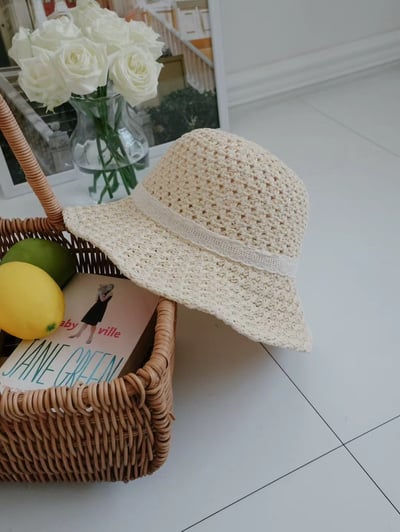 韓國 UNI 初夏編織簍空蝴蝶結圓形帽草帽漁夫帽2