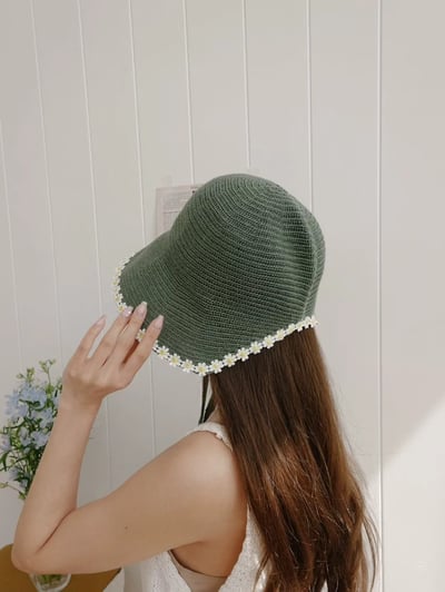 韓國 UNI 度假素色編織雛菊綁繩漁夫帽6