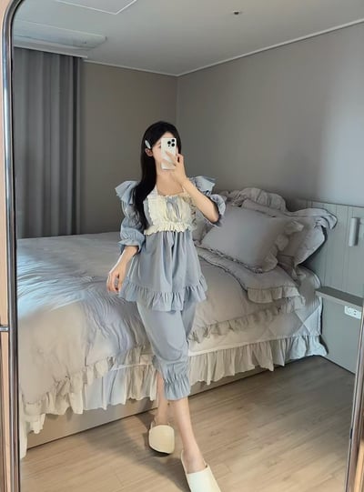 韓國 LUNA 法式鄉村抓袖五分褲子睡衣套裝5