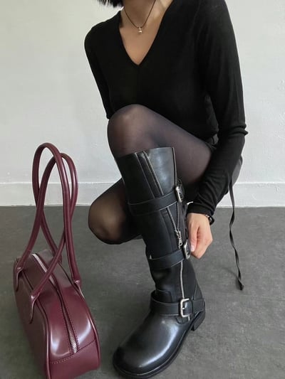 韓國PLA皮帶扣環開鏈低跟長靴6