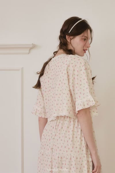 韓國 LUNA 法式玫瑰碎花短袖蛋糕裙洋裝睡衣6