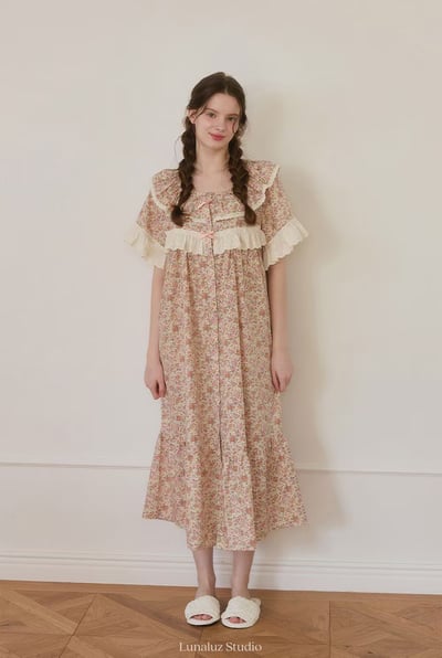 韓國 LUNA 法式鄉村碎花蛋糕長裙睡衣6