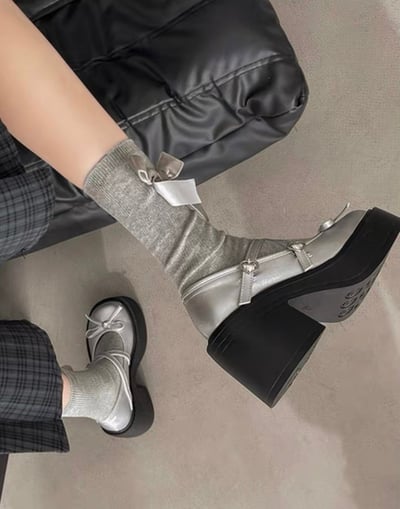 韓國 AL 夢幻蝴蝶結粗跟娃娃鞋7