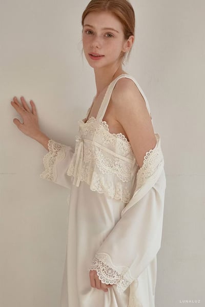 韓國 LUNA 法式蕾絲蝴蝶結兩件式外套長裙洋裝睡衣7