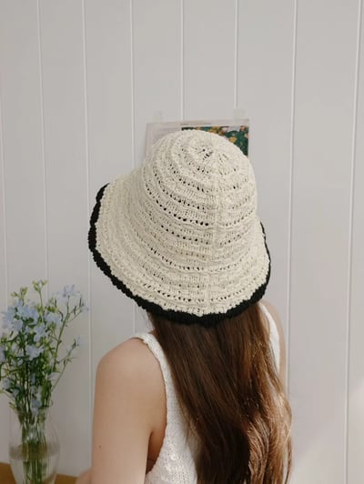 韓國 UNI 度假撞色編織綁繩防曬漁夫帽6