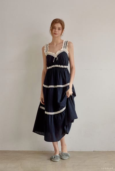 韓國 LUNA 法式花邊蛋糕長裙睡衣10