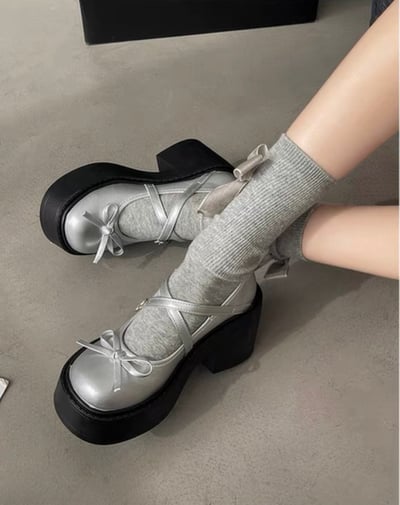 韓國 AL 夢幻蝴蝶結粗跟娃娃鞋6